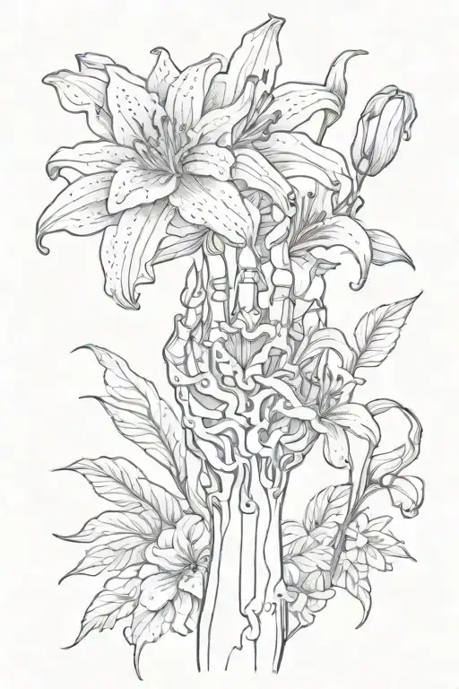 skeleton hand holding Lily tattoo design idea
