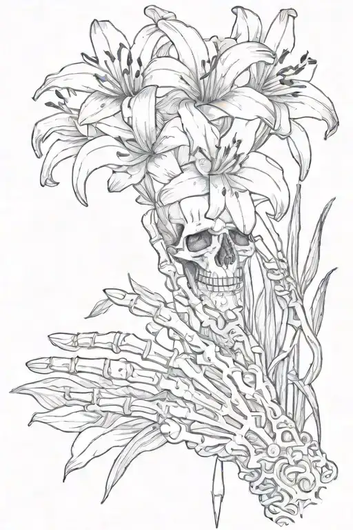 skeleton hand holding one lily flower tattoo design idea