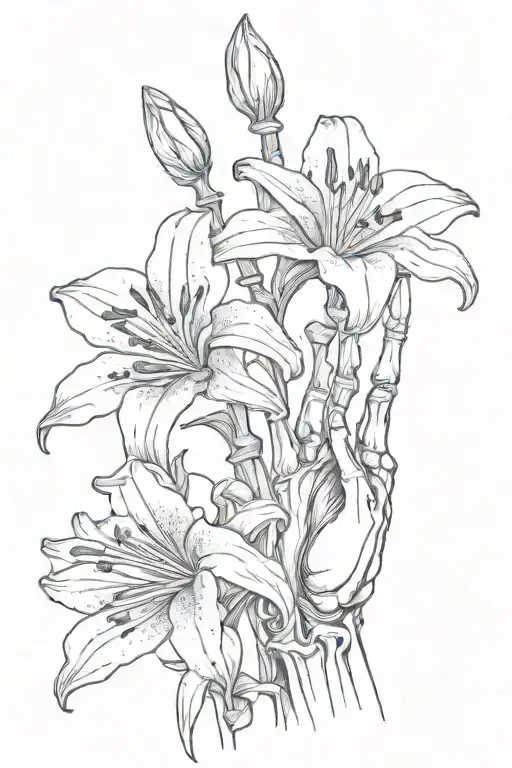 skeleton hand holding lily flower tattoo design idea