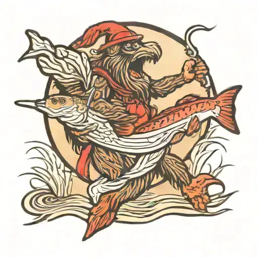 Sasquatch fishing for red drum on beach  tattoo design idea