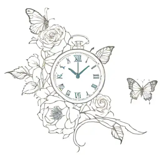  a clock covered in roses next to a lions head and a butterfly and a snake tattoo design idea