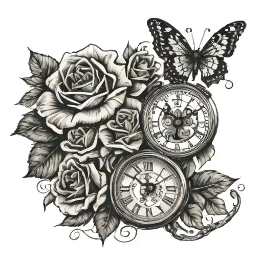a snake with a clock covered in roses next to a lions head and a butterfly  tattoo design idea