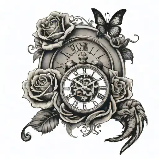 a clock covered in roses next to a lions head and a butterfly and a snake tattoo design idea