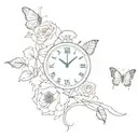  a clock covered in roses next to a lions head and a butterfly and a snake tattoo design idea