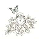  a clock covered in roses next to a lions head and a butterfly and a snake tattoo design idea