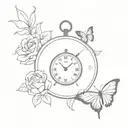  a clock covered in roses next to a lions head and a butterfly and a snake tattoo design idea