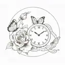  a clock covered in roses next to a lions head and a butterfly and a snake tattoo design idea
