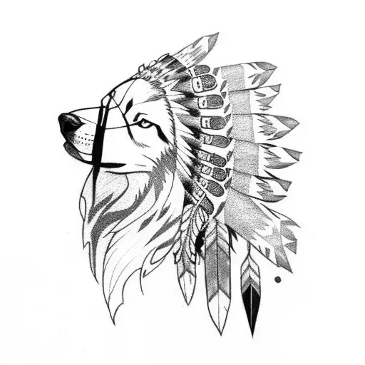 woman Native American headgear with wolf head tattoo design idea
