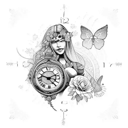 A female warrior with flowers a clock on and butterflies around her  tattoo design idea