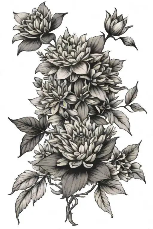 birth flower bouquet- asters, waterlilies, morning glories, larkspur tattoo design idea