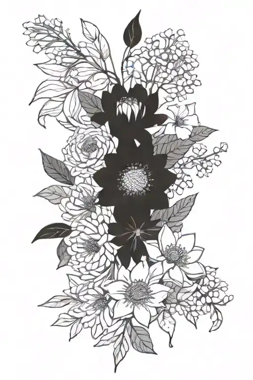 birth flower bouquet minimalistic- asters, waterlilies, morning glories, larkspur  tattoo design idea