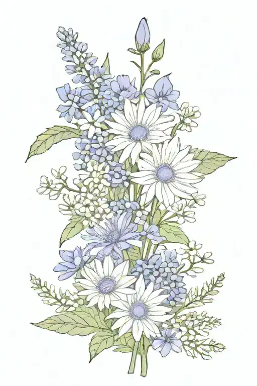 birth flower bouquet minimalistic- asters, waterlilies, morning glories, larkspur  tattoo design idea