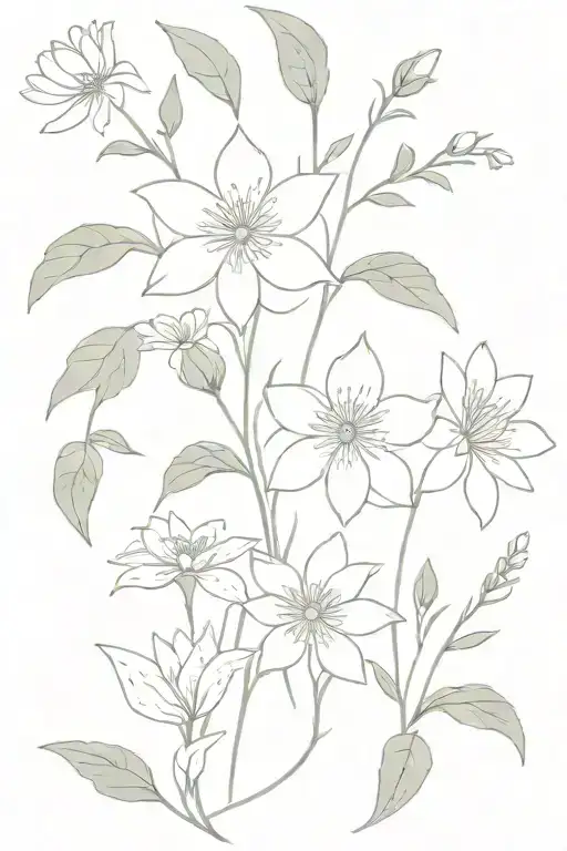 birth flower bouquet minimalistic- asters, waterlilies, morning glories, larkspur  tattoo design idea