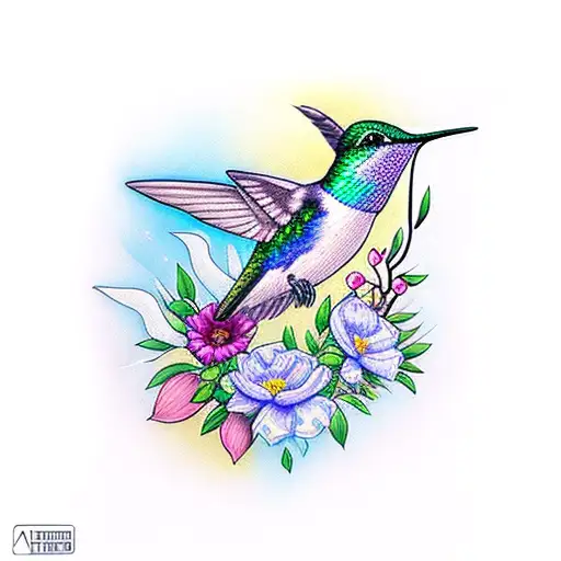 A majestic hummingbird perched on a block M logo, surrounded by vibrant flowers and foliage tattoo design idea