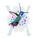 A majestic hummingbird perched on a block M logo, surrounded by vibrant flowers and foliage tattoo design idea