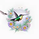 A majestic hummingbird perched on a block M logo, surrounded by vibrant flowers and foliage tattoo design idea