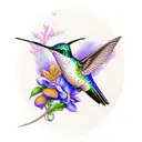 A majestic hummingbird perched on a block M logo, surrounded by vibrant flowers and foliage tattoo design idea