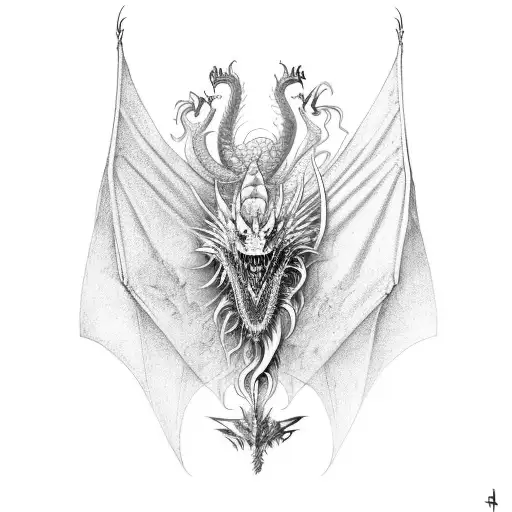 A realistic dragon with four legs and two wings crawling down the page.  Make the veiw point be from the top and have th tattoo design idea