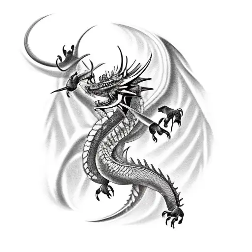 A realistic full body western dragon tattoo crawling down the page with a top side veiw. tattoo design idea