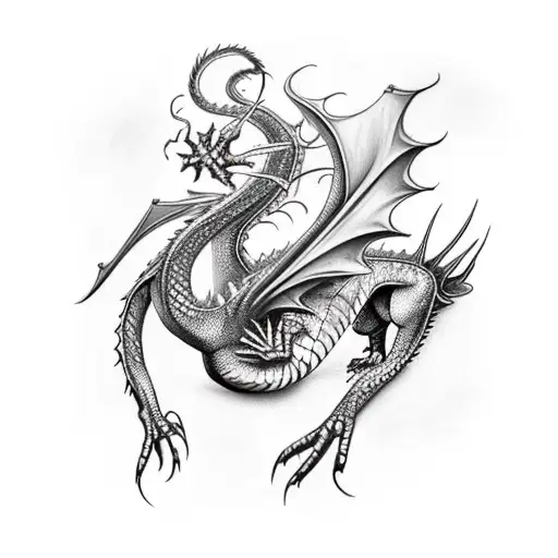 A realistic dragon with four legs and two wings crawling down the page.  Make the veiw point be from the top and have th tattoo design idea