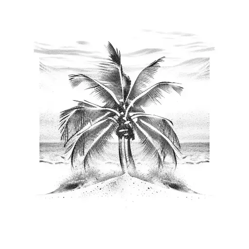 beach, wave and palm tree single line tattoo design idea