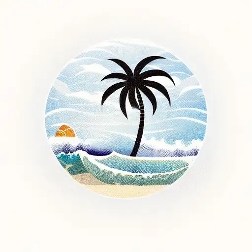 beach, wave and palm tree single line tattoo design idea