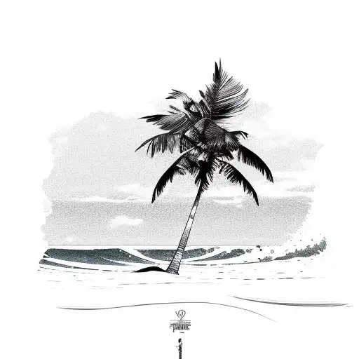 beach, wave and palm tree single line tattoo design idea