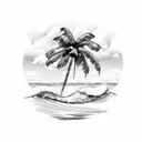beach, wave and palm tree single line tattoo design idea