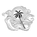 beach, wave and palm tree single line tattoo design idea