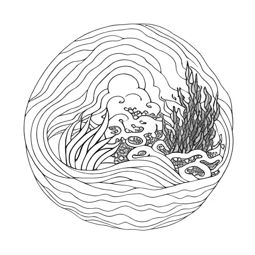 A dreamy underwater scene with Ghibli characters swimming among the ferns and wildgrass tattoo design idea