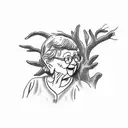 a tiny grandma figure hugging a giant olive tree. grandma's body and face are fully leaning to the trunk, no gaps betwe  tattoo design idea