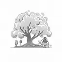 a tiny grandma figure hugging a giant olive tree. grandma's body and face are fully leaning to the trunk, no gaps betwe  tattoo design idea