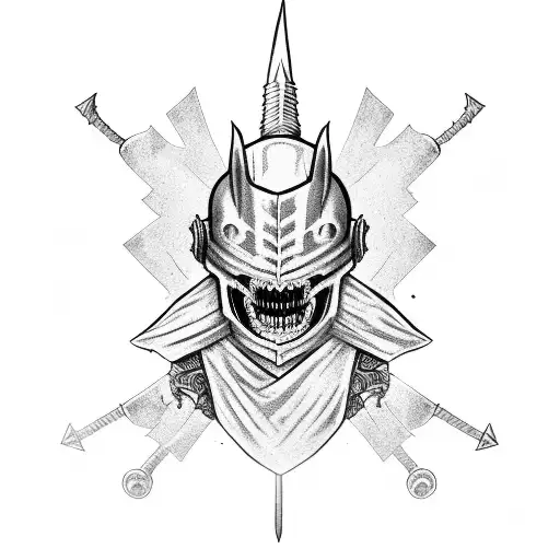 Skeleton knight on the teeth helmet take swords on fire tattoo design idea