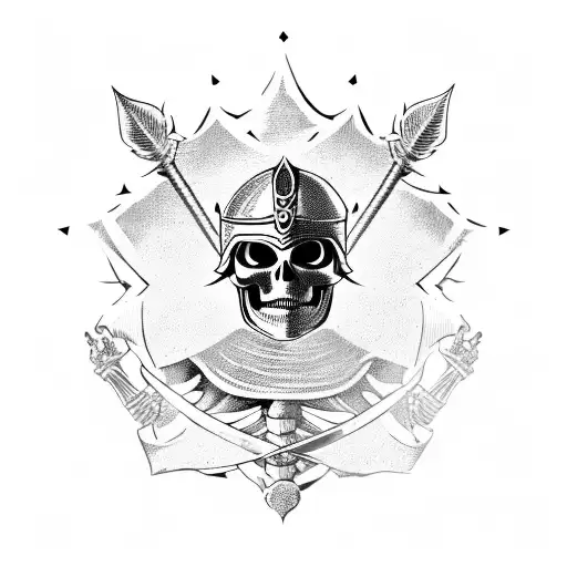 Skeleton knight in a medieval helmet on which one large feather holds 6 swords in 6 of his hands, in a black mantle over tattoo design idea