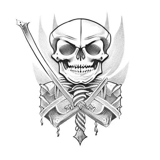 Skeleton knight  full height   holds a hot sword in his hand tattoo design idea