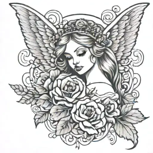 angel wings princess crown and poppy flowers intertwined tattoo design idea