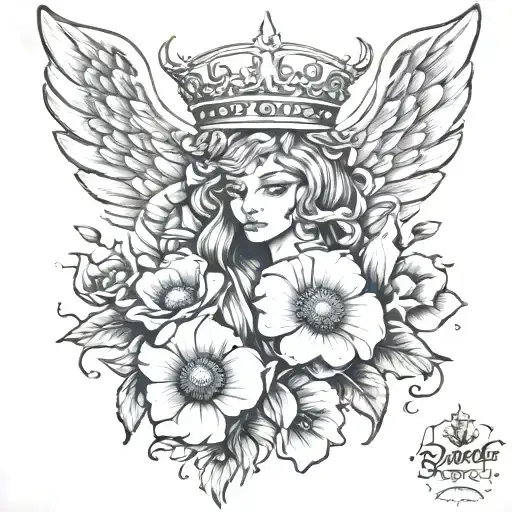angel wings princess crown and poppy flowers intertwined tattoo design idea