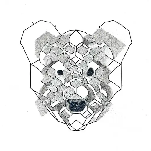 Tattoo art of a grizzly bears face.  The left half in geometric form, modelled after honeycomb of a honeybee hive.  The  tattoo design idea