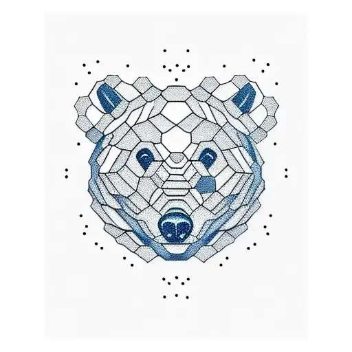 Tattoo art of a grizzly bears face.  The left half in geometric form, modelled after honeycomb of a honeybee hive.  The  tattoo design idea
