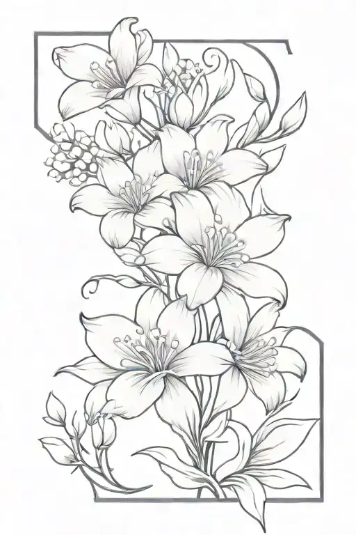 An intricate tattoo design featuring the flower types in a bouquet: two violet, one daisy, one lily of the valley, one gladiolus and two aster tattoo design idea