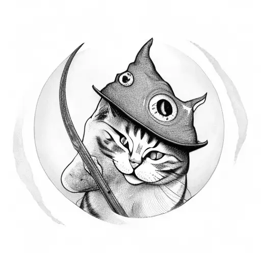 cat with a witches hat and the moon tattoo design idea