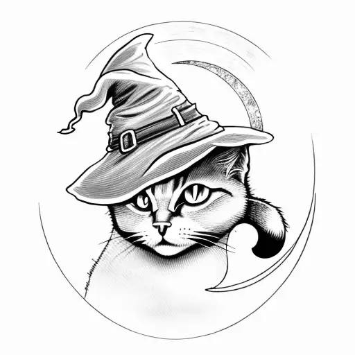 witch with hat and cat with the moon behind tattoo design idea