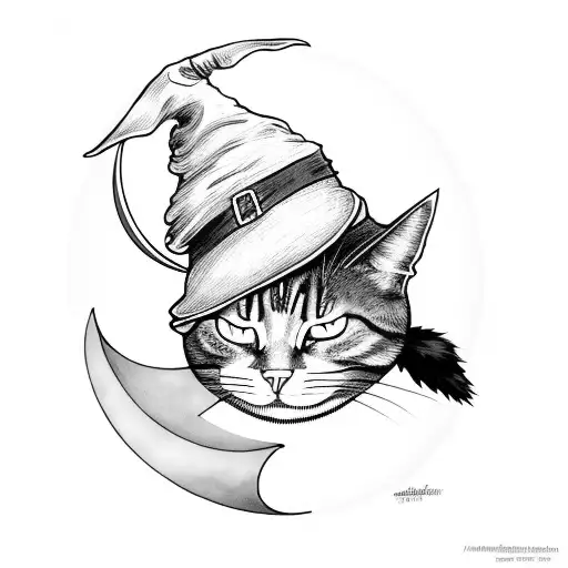 witch with hat and cat with the moon behind tattoo design idea