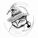 witch with hat and cat with the moon behind tattoo design idea