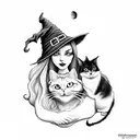 witch with hat and cat with the moon behind tattoo design idea