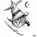 witch with hat and cat with the moon behind tattoo design idea