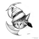 witch with hat and cat with the moon behind tattoo design idea