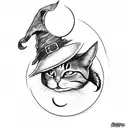 witch with hat and cat with the moon behind tattoo design idea