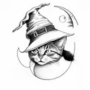witch with hat and cat with the moon behind tattoo design idea