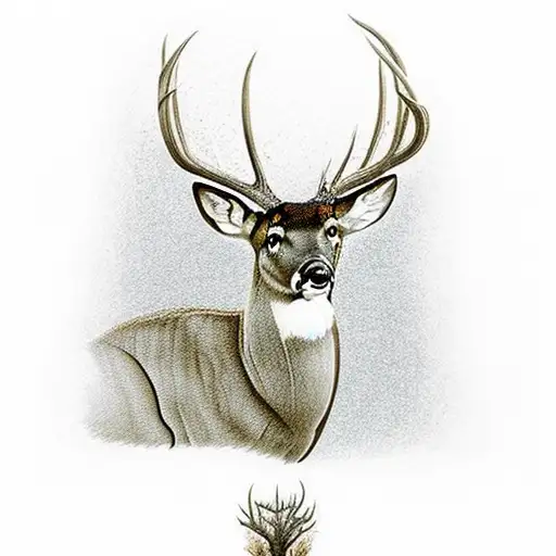 10 point whitetail buck with a drop tine standing in front of woods with the sunrise shining through the woods  tattoo design idea